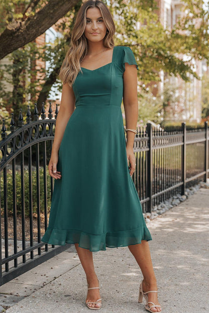 Sea Green Shirred Open Back Sweetheart Neck Ruffled Midi Dress - L & M Kee, LLC