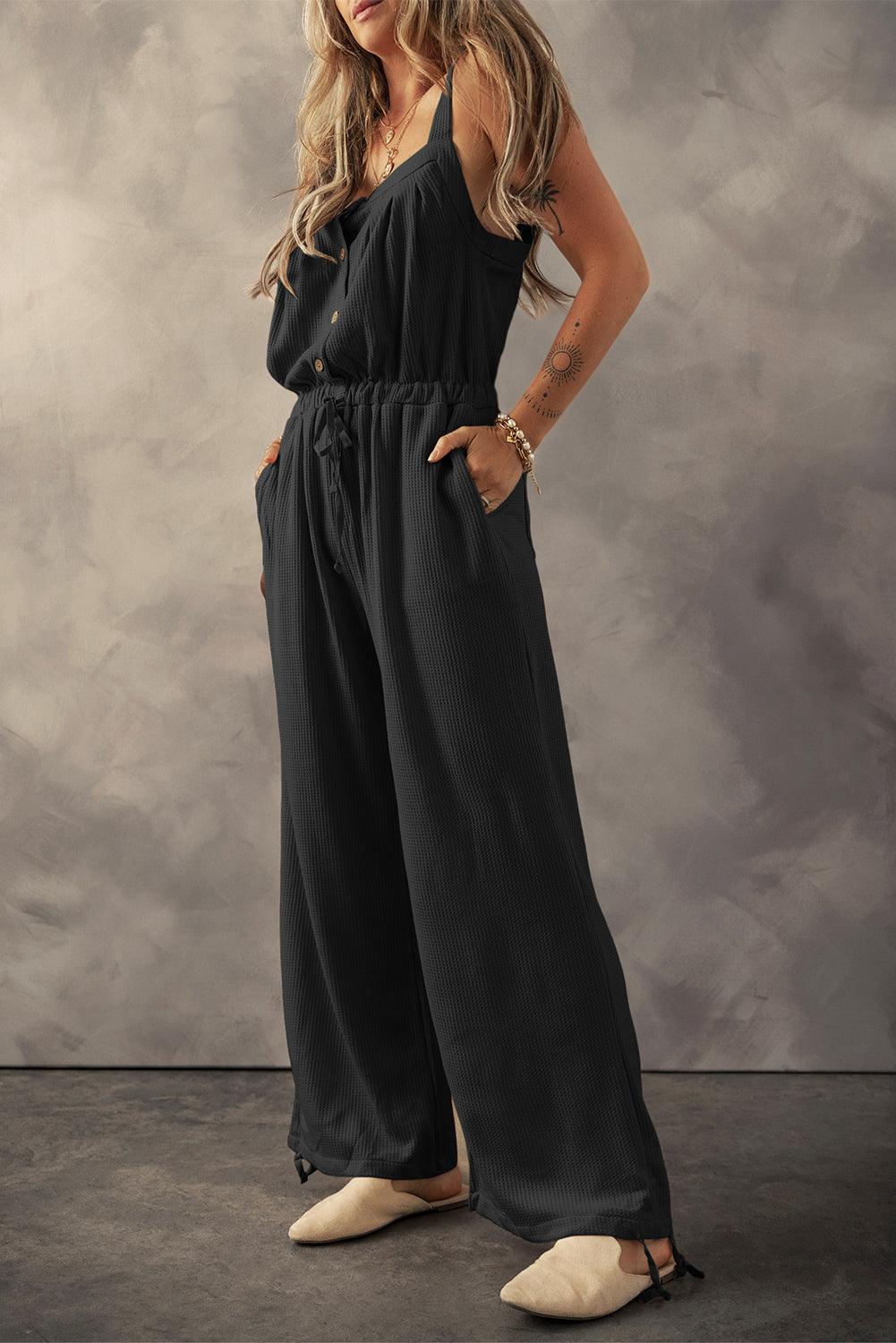 Black Knotted Straps Button Textured Drawstring Jumpsuit - L & M Kee, LLC