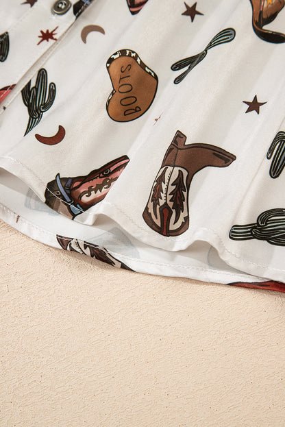 White Western Fashion Print Button Up Casual Shirt