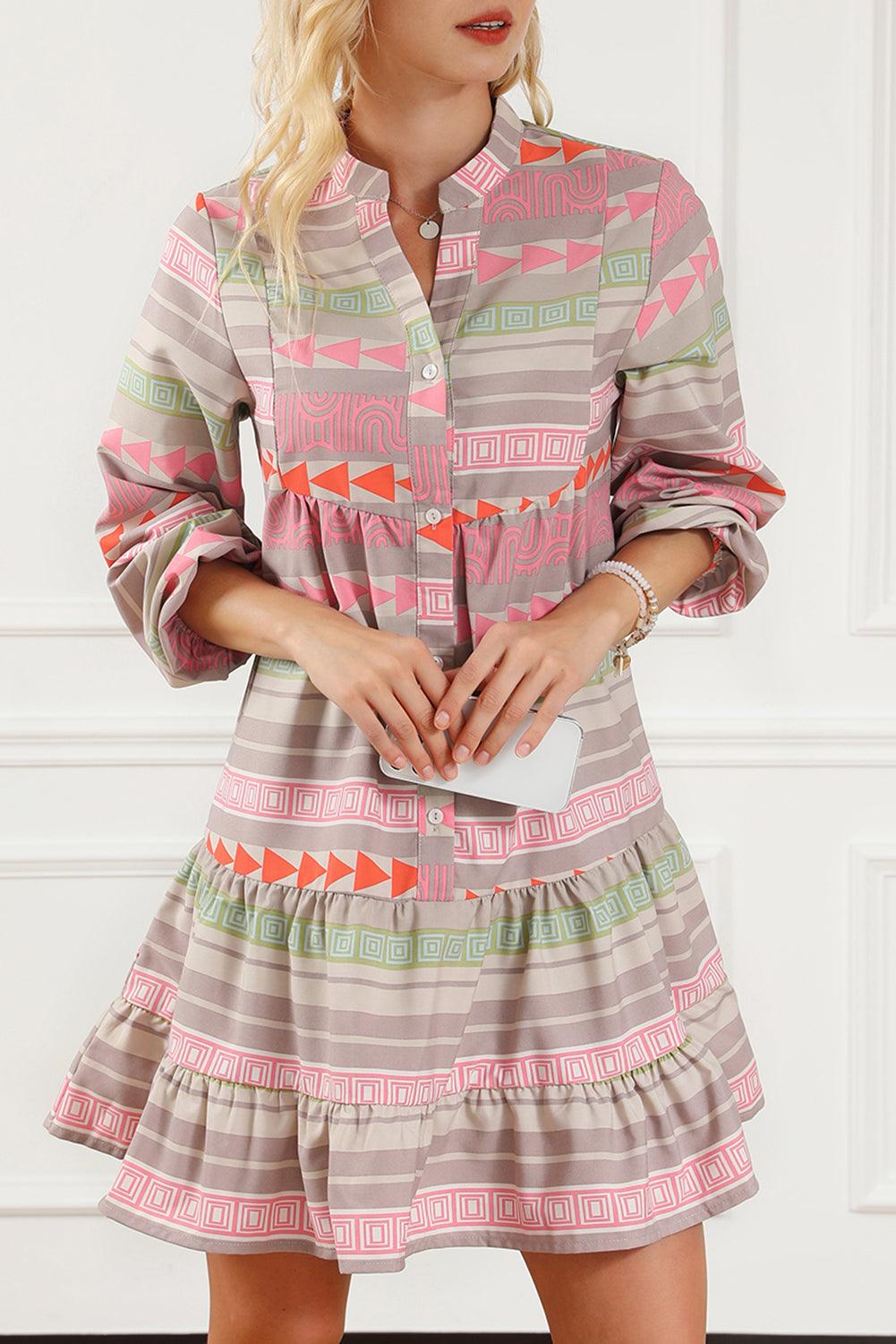 Multicolour Boho Print Puff Sleeve Buttoned Babydoll Dress - L & M Kee, LLC