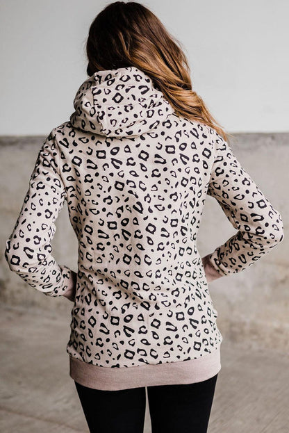 Leopard Kangaroo Pocket Drawstring High Neck Hoodie - L & M Kee, LLC