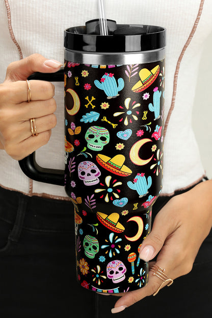 Black Halloween Pattern Print Handle Vacuum Cup 40oz