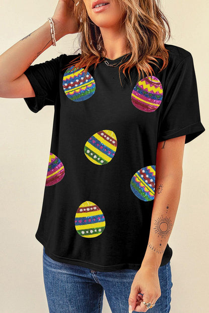 Black Shimmer Easter Eggs Print T-shirt - L & M Kee, LLC