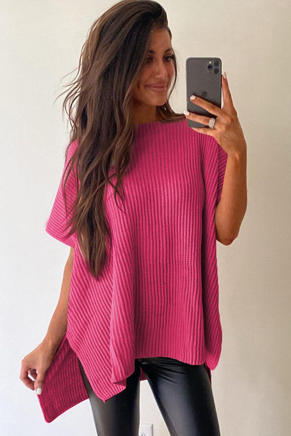 Rose Red Short Sleeve Side Slit Oversized Sweater - L & M Kee, LLC