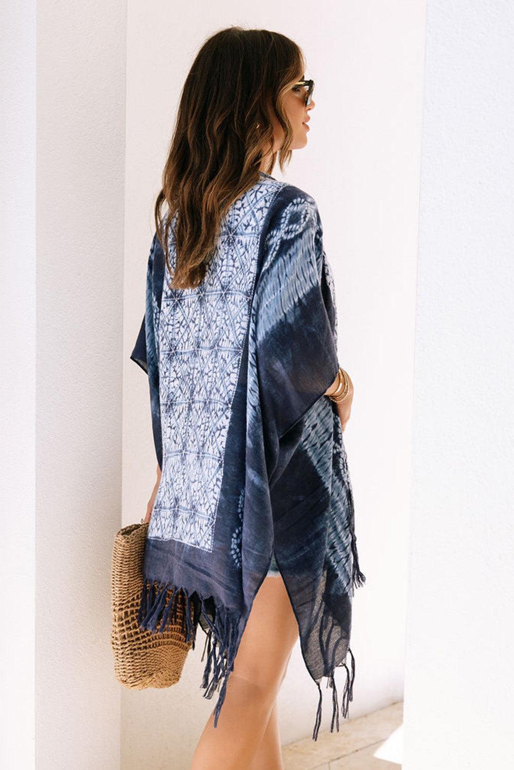 Blue Tie Dye Short Sleeves Tassels Kimono - L & M Kee, LLC