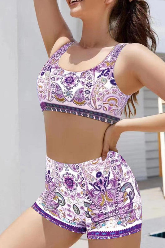 Purple Boho Paisley Print Tank Shorts Swimsuit - L & M Kee, LLC