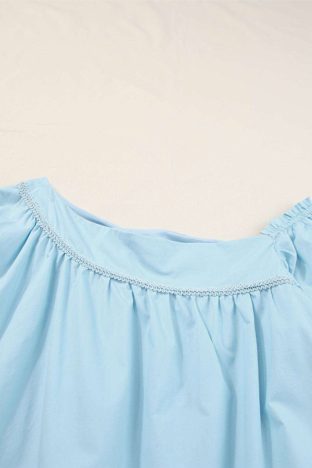 Sky Blue Exquisite Trim Puff Sleeve Asymmetric Swing Mini Dress - L & M Kee, LLC