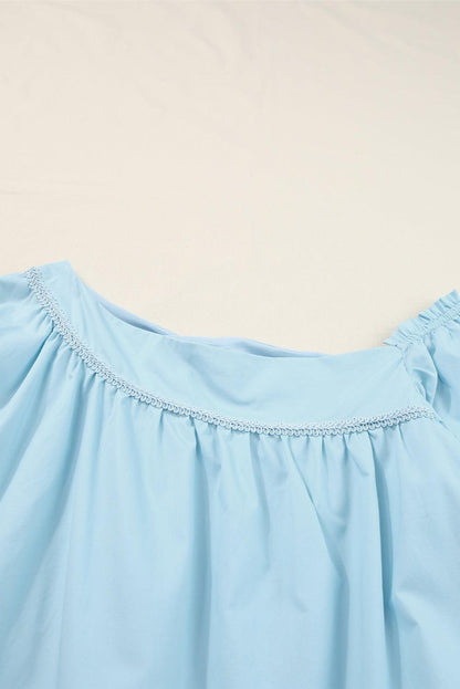 Sky Blue Exquisite Trim Puff Sleeve Asymmetric Swing Mini Dress - L & M Kee, LLC