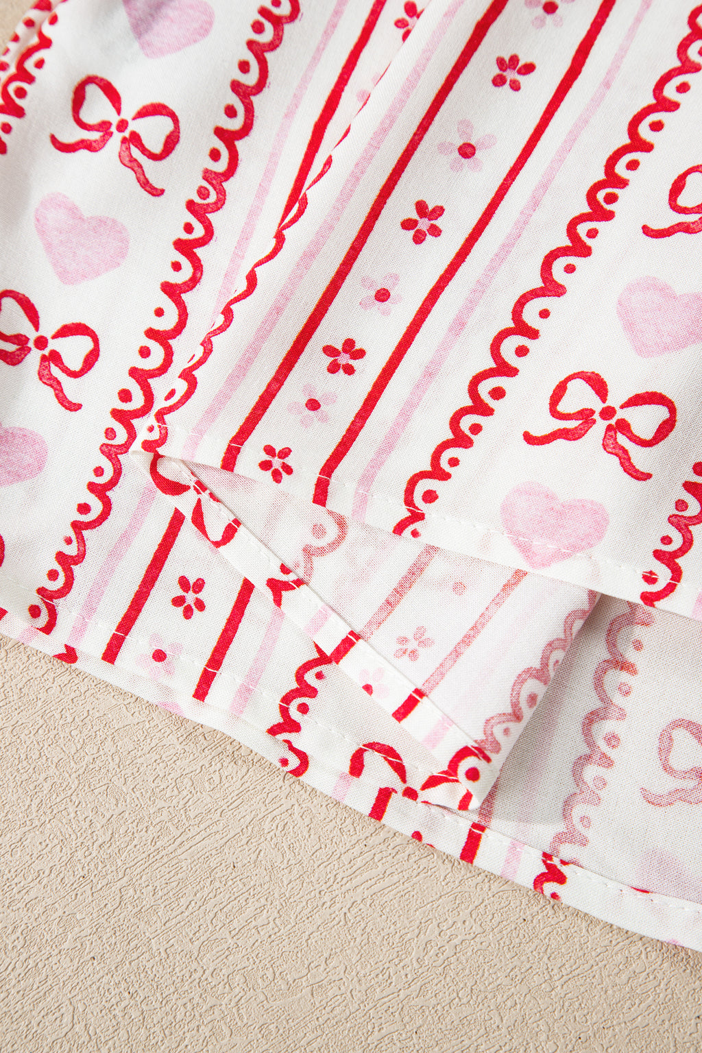 Red Cute Bow Heart Print Ribbon Decor Short 2pcs Pajama Set