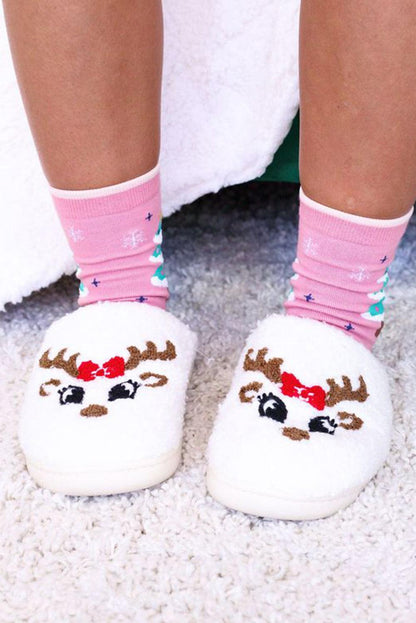 White Christmas Deer Home Indoor Plush Slippers - L & M Kee, LLC