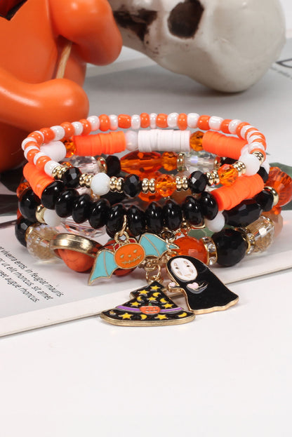 Orange Halloween Pumpkin Ghost Pendant Layered Beaded Bracelet Set