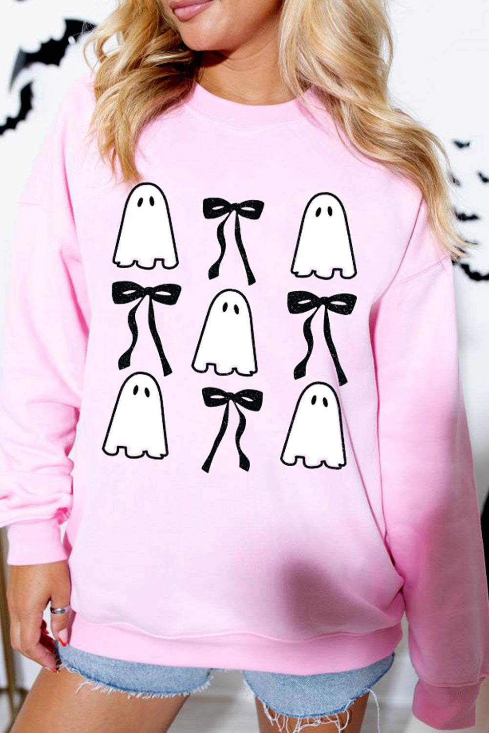 Pink Ghost Bowknot Printed Drop Shoulder Halloween Sweatshirt