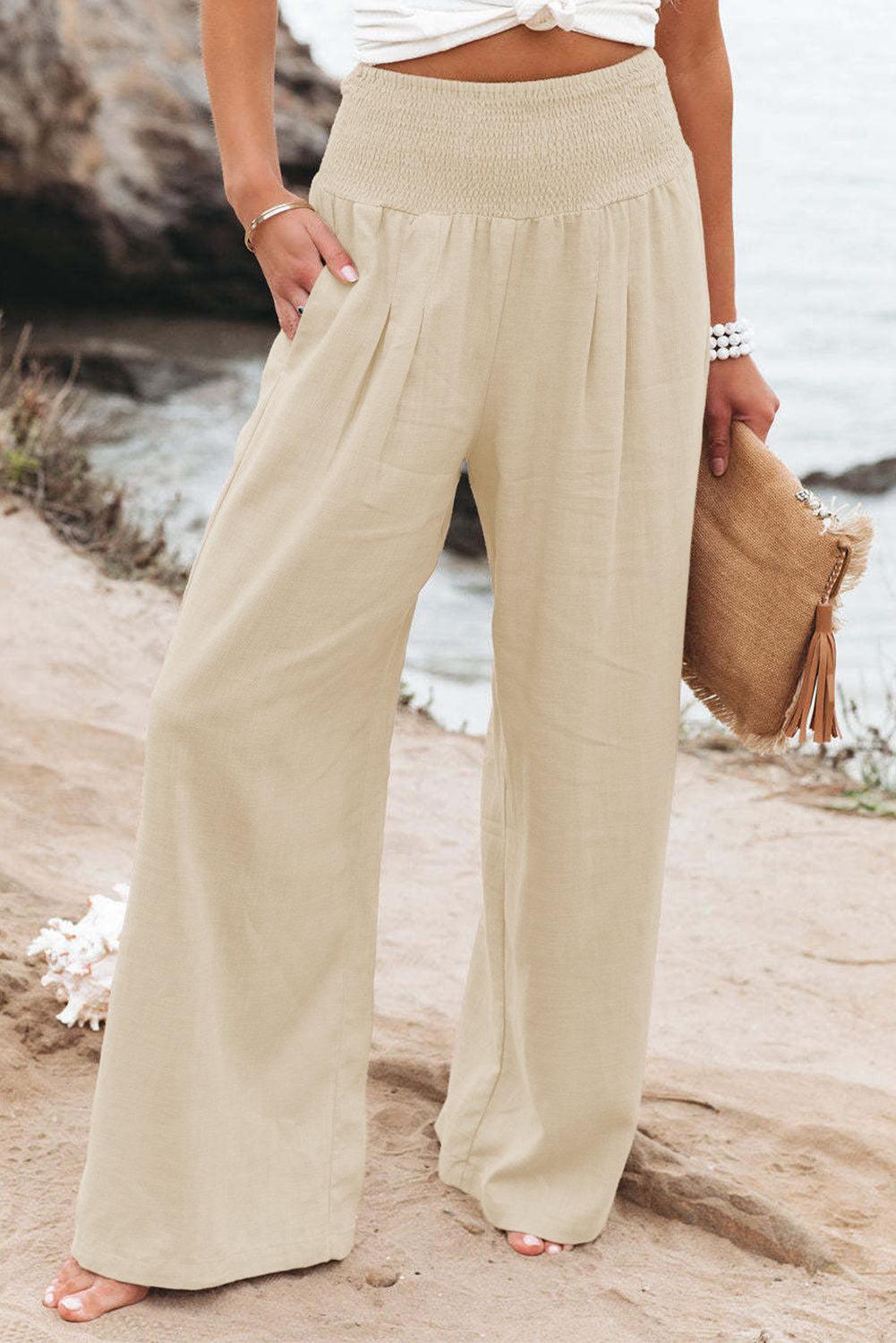 Khaki Smocked Wide Waistband High Waist Wide Leg Pants - L & M Kee, LLC