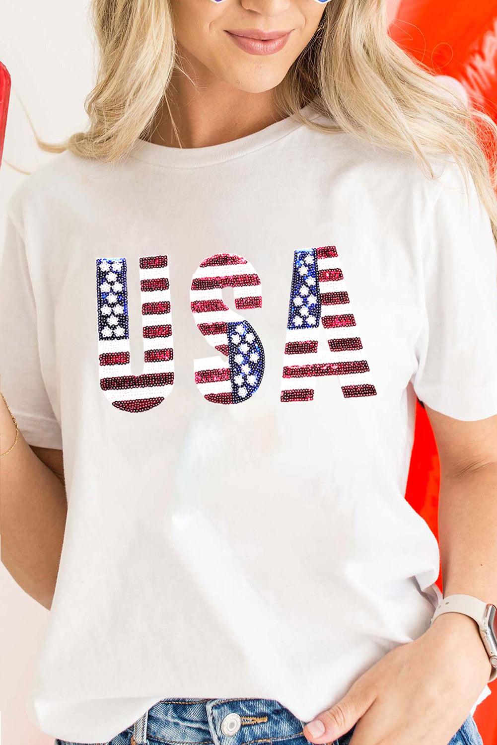 White USA Flag Sequin Patched Round Neck T Shirt - L & M Kee, LLC