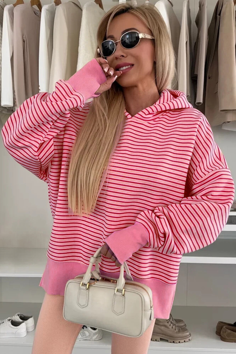 Rose Stripe Thumbhole Side Slits Drop Shoulder Loose Fit Hoodie
