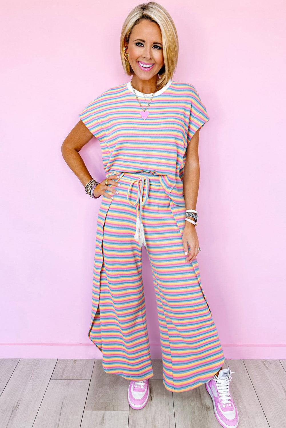 Pink Stripe Rainbow Tee Tasseled String Wide Leg Pants Set