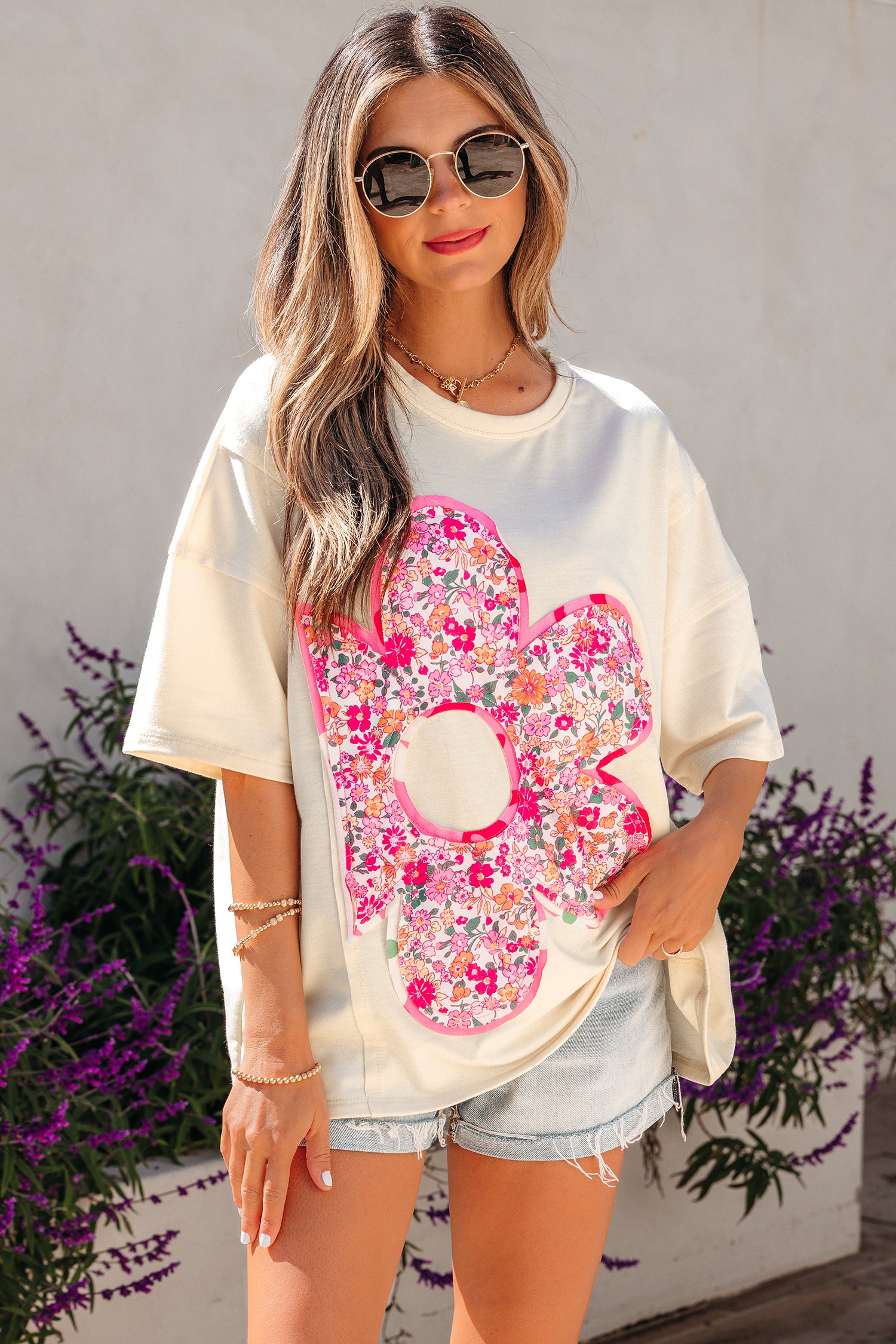 Bright Pink Floral Patched Raw Seam Big Flower Oversize Tee