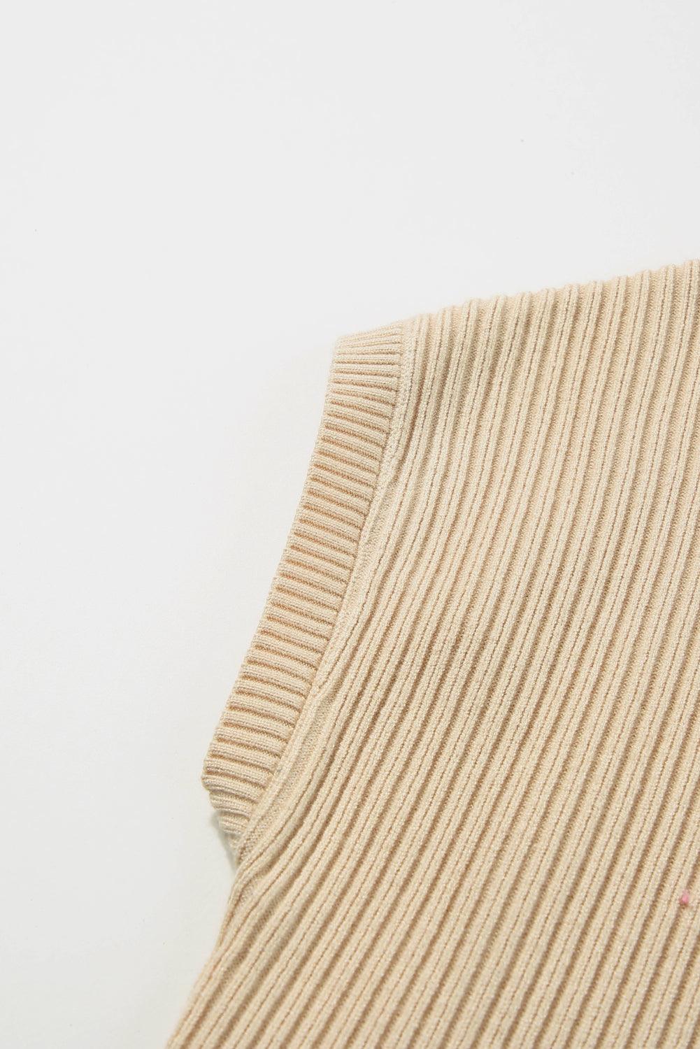 Oatmeal Patch Pocket Ribbed Knit Short Sleeve Sweater - L & M Kee, LLC