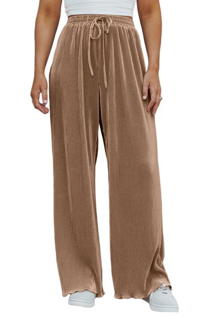 Camel Drawstring High Waist Pleated Wide Leg Pants - L & M Kee, LLC