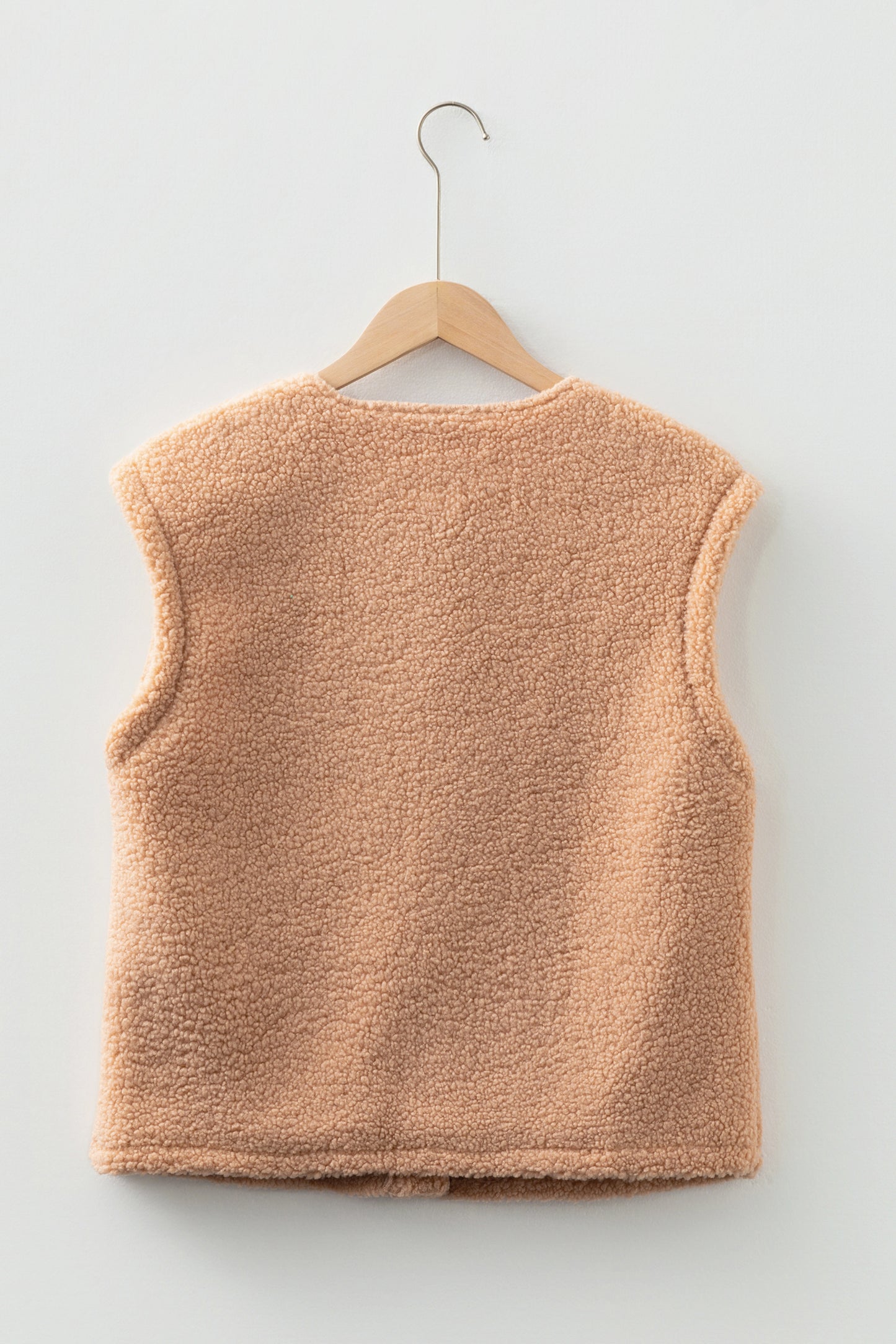 Light French Beige Big Button Accent Fuzzy Pocket Vest