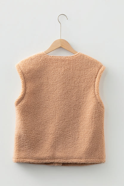 Light French Beige Big Button Accent Fuzzy Pocket Vest