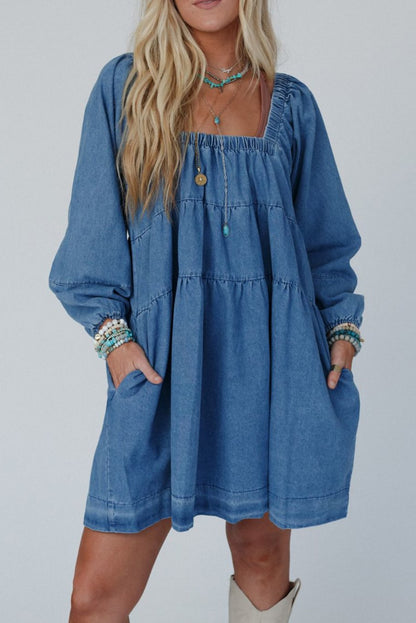 Dusk Blue Square Neck Side Pockets Loose Fit Denim Mini Dress