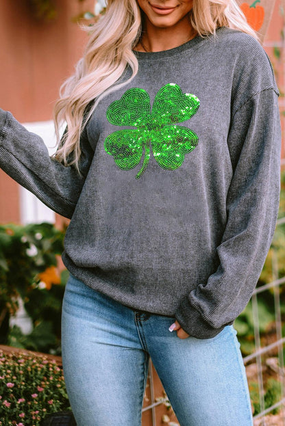 Gray Sequin St Patrick Clover Patch Corded Sweatshirt - L & M Kee, LLC