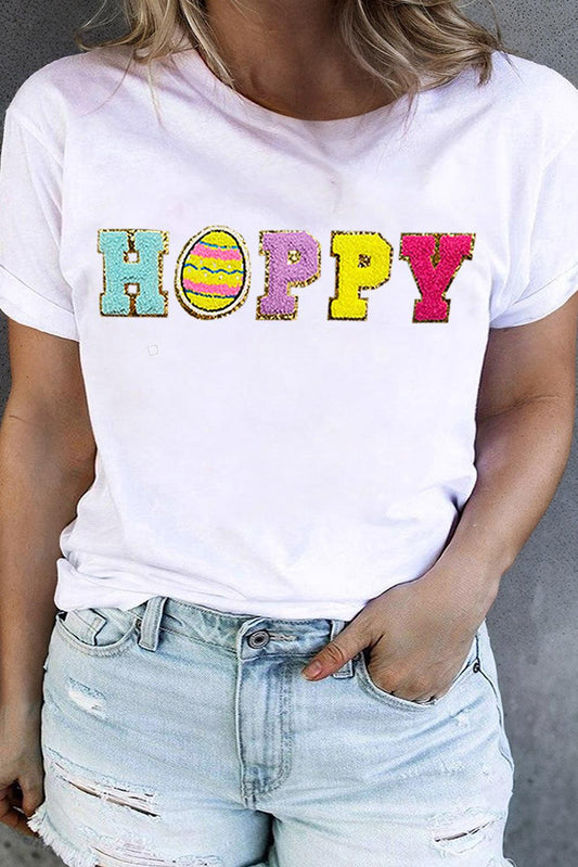 White Plus HOPPY Chenille Embroidered Easter Fashion Tee - L & M Kee, LLC