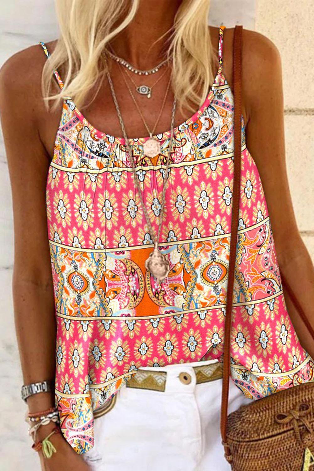 Bohemian Print Spaghetti Strap Flowy Tank Top - L & M Kee, LLC