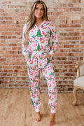 Pink Christmas Pattern Button V Neck Pullover Drawstring Pants 2pcs Lounge Set