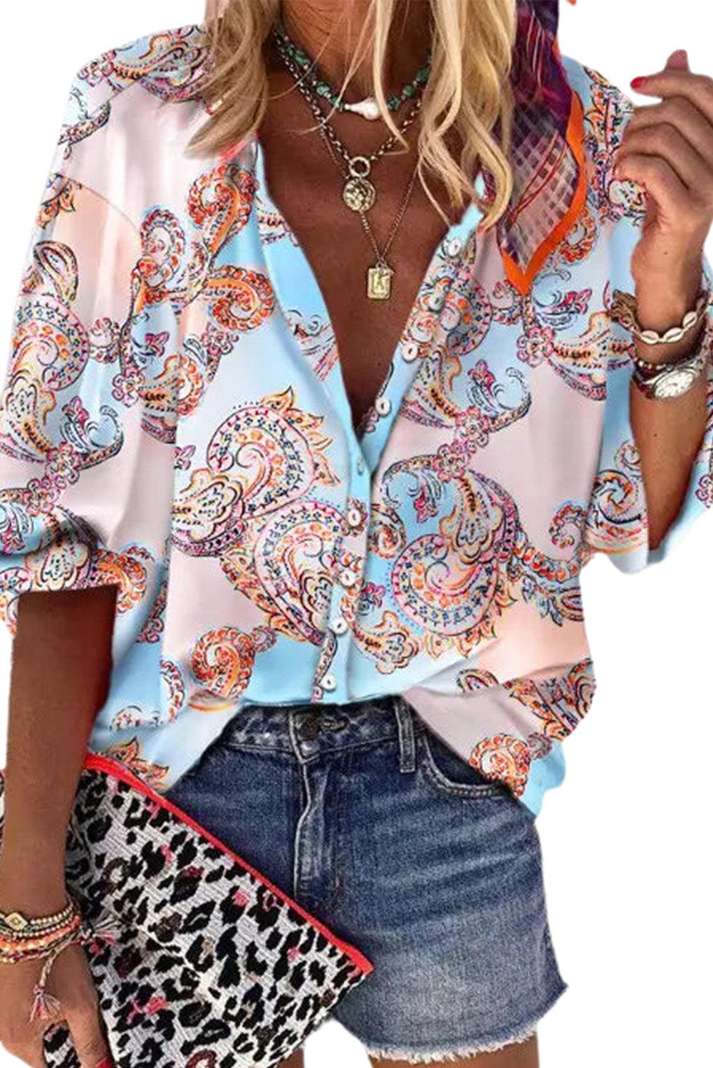 Boho Paisley Print Lantern Sleeve Button-Down Shirt - L & M Kee, LLC