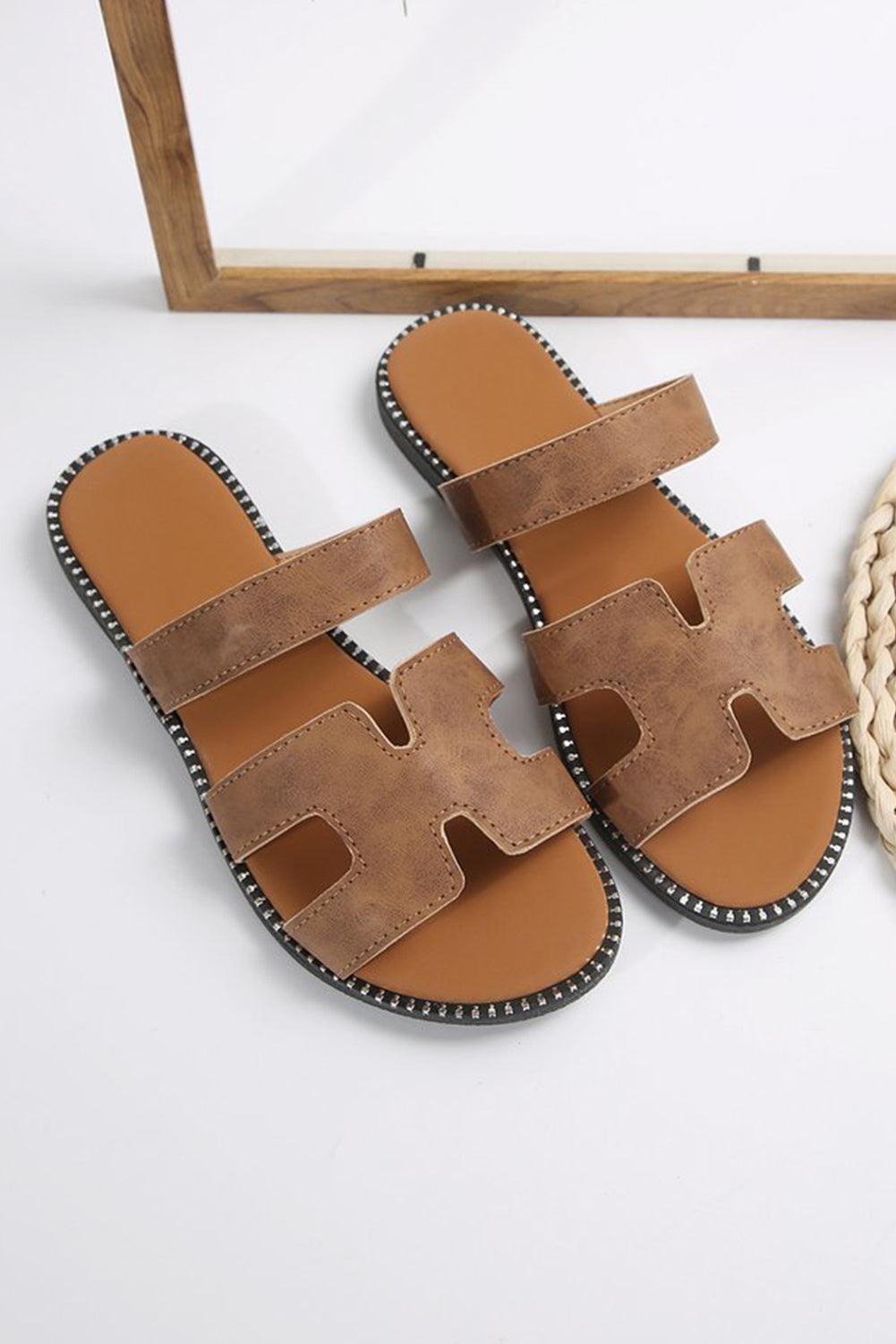 Brown Cut Out H Shape Band PU Leather Slippers