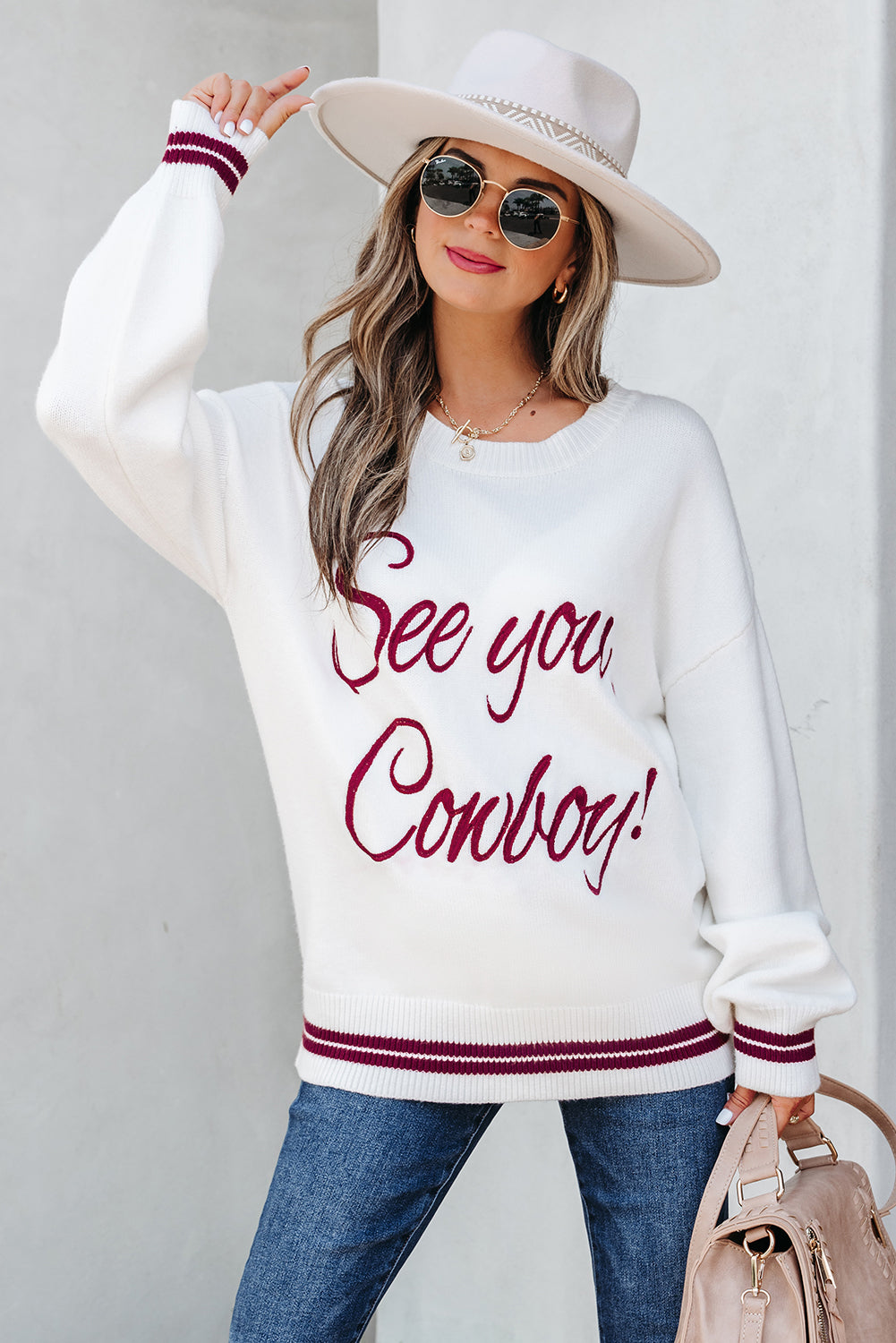 White See You Cowboy Embroidered Western Graphic Sweater