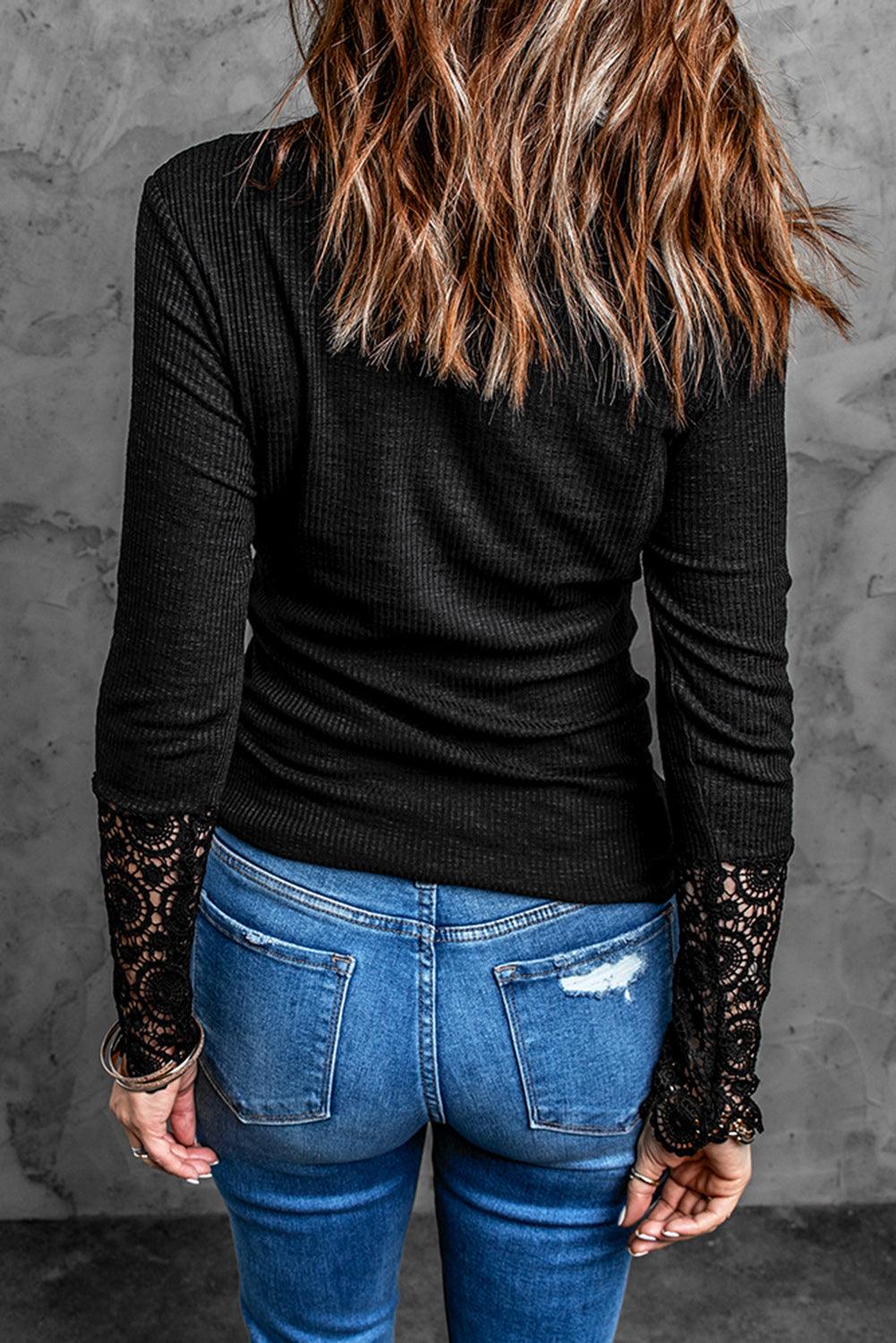 Black Crochet Lace Hem Sleeve Button Top - L & M Kee, LLC