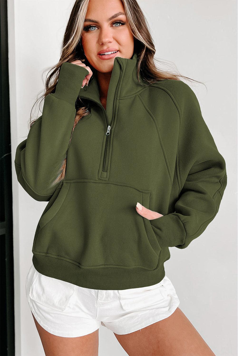 Zip Up Stand Collar Ribbed Thumbhole Sleeve Sweatshirt - L & M Kee, LLC