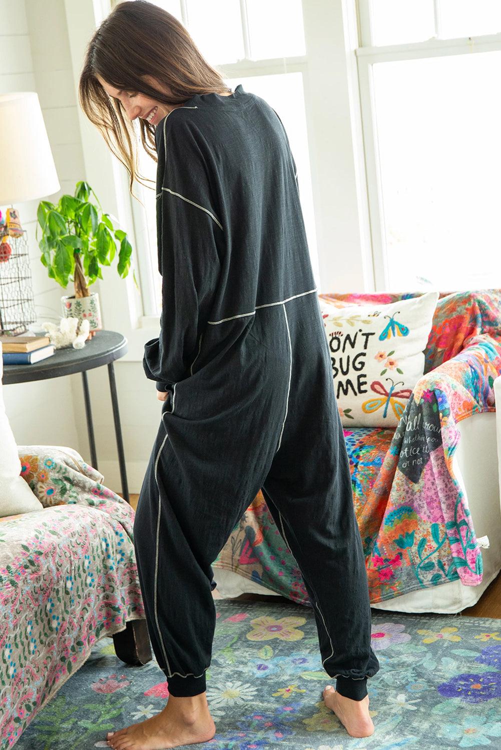 Black Flatlock Seam Detail V Neck Baggy Jumpsuit - L & M Kee, LLC