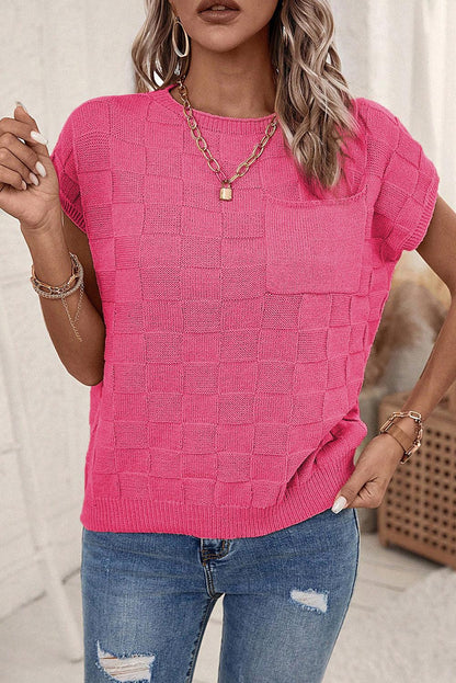 Bright Pink Lattice Textured Knit Short Sleeve Sweater - L & M Kee, LLC