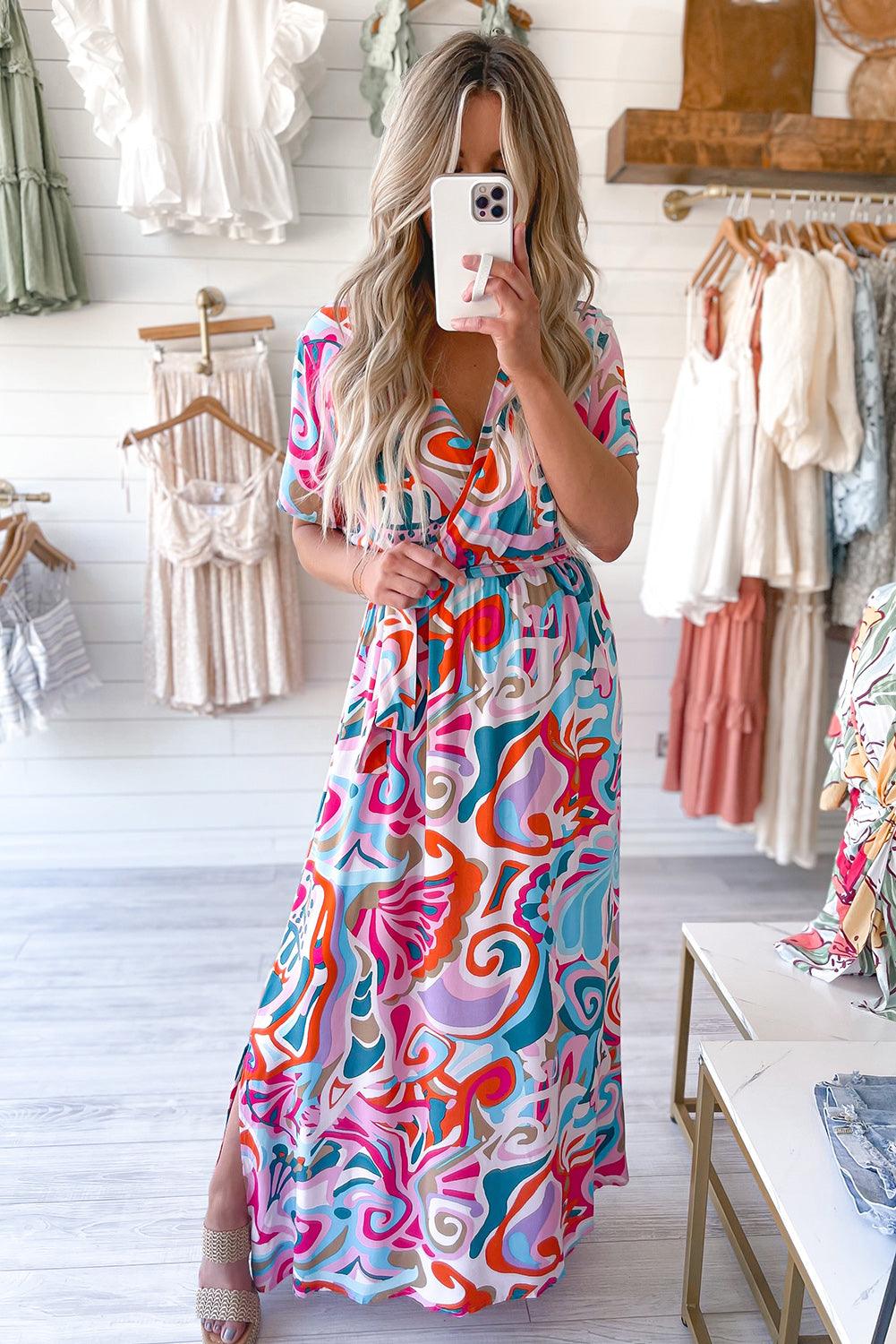 Multicolor Abstract Printed Wrap V Neck Belted Maxi Dress - L & M Kee, LLC