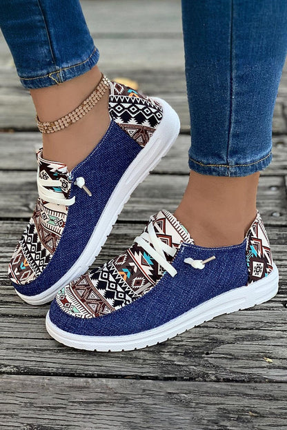 Ashleigh Blue Vintage Aztec Patchwork Lace-up Decor Flat Shoes - L & M Kee, LLC