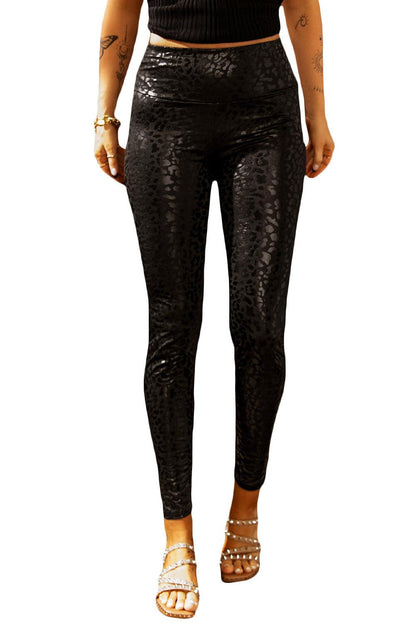 Black Shiny Leopard Textured Leggings - L & M Kee, LLC