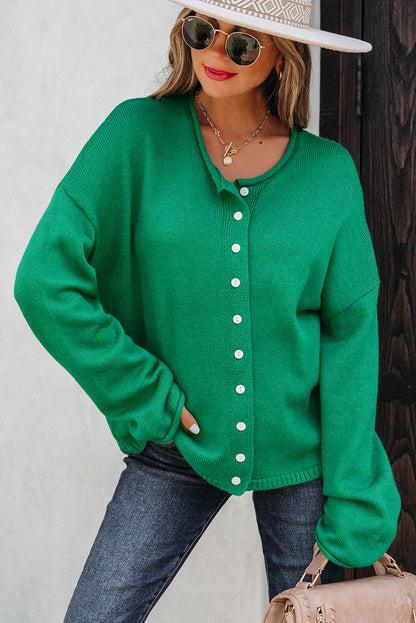 Bright Green Solid Color Knit Button Drop Shoulder Sweater Cardigan