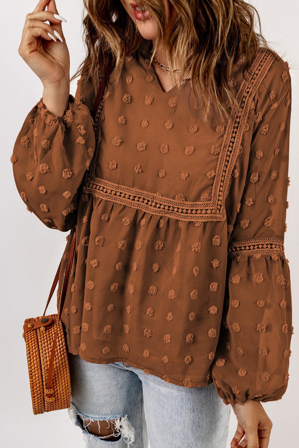 Blue Ruffled Split Neck Lace Hollow Out Puff Sleeve Polka Dot Blouse - L & M Kee, LLC