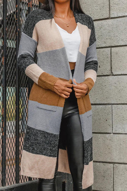 Multicolor Colorblock Open Front Long Knit Cardigan - L & M Kee, LLC