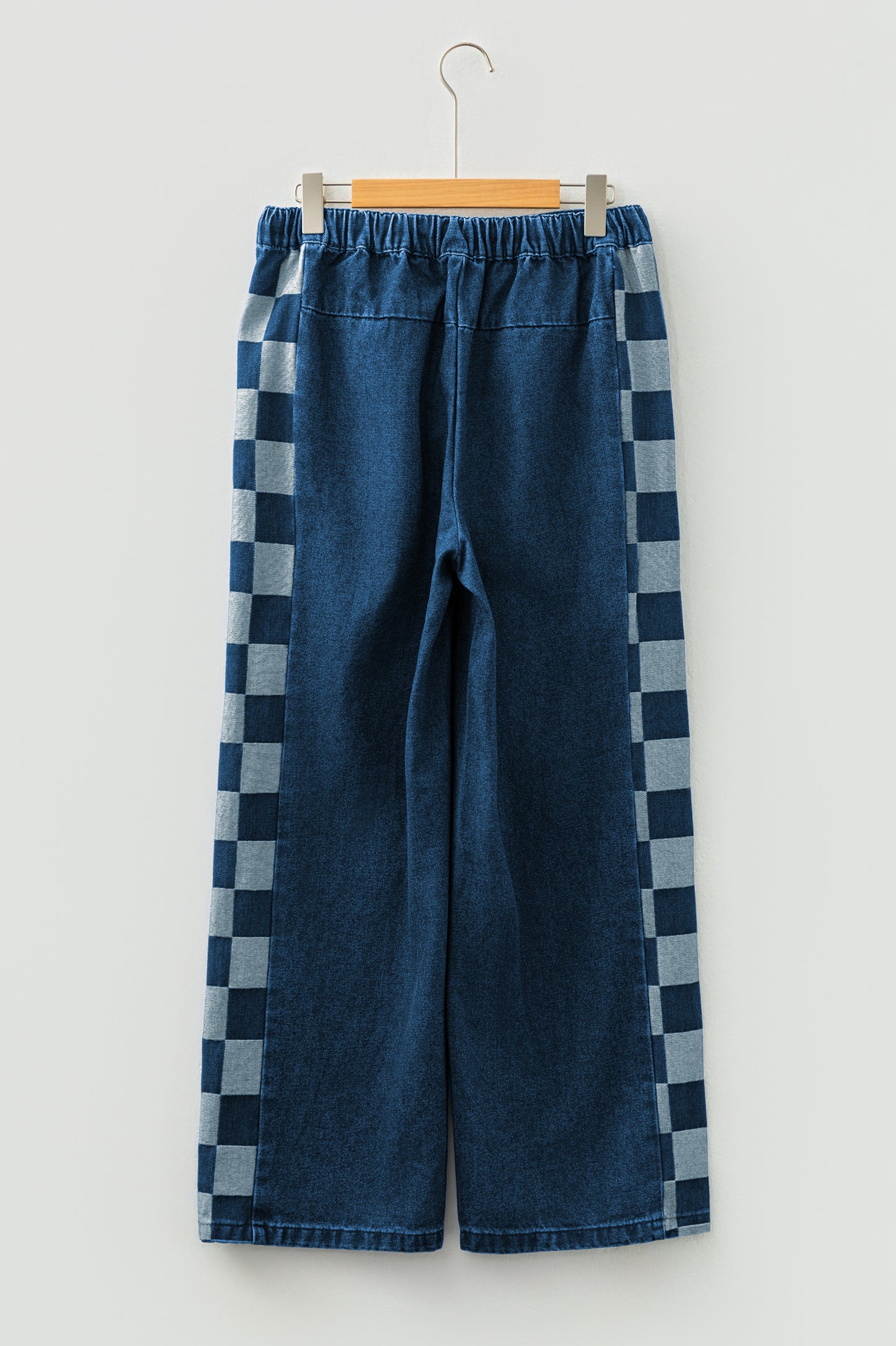 Sail Blue Checkered Side Panel Patchwork Drawstring Loose Denim Pants