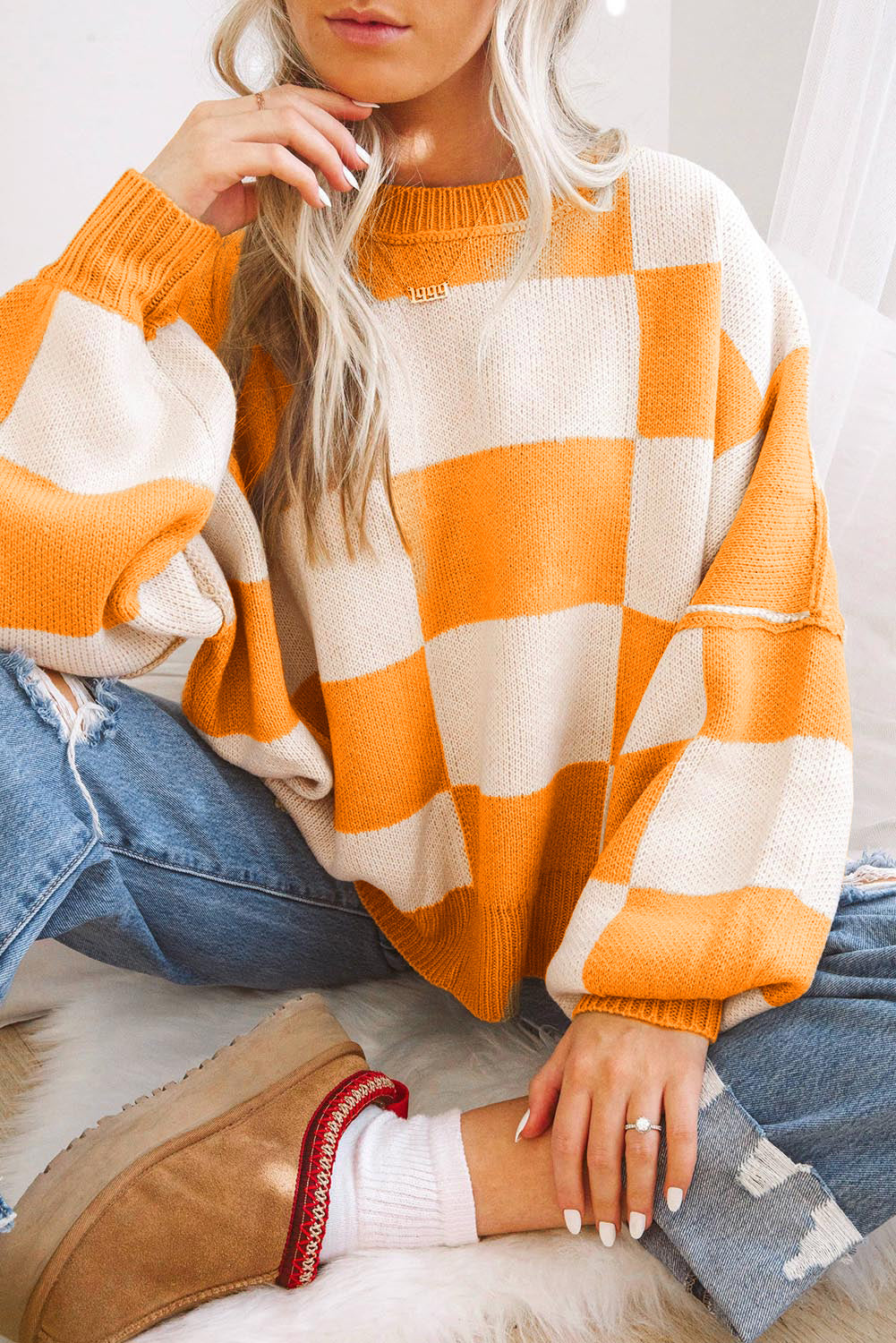 Fiery Red Checkered Bishop Sleeve Sweater