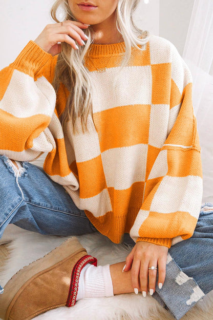 Orange Checkered Bishop Sleeve Sweater - L & M Kee, LLC