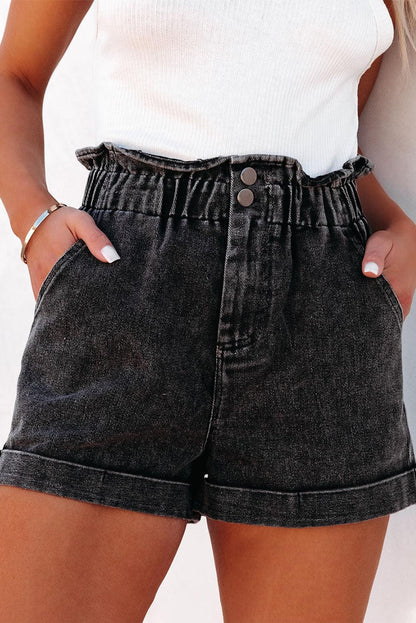 Black Vintage Washed Frilled High Waist Denim Shorts - L & M Kee, LLC