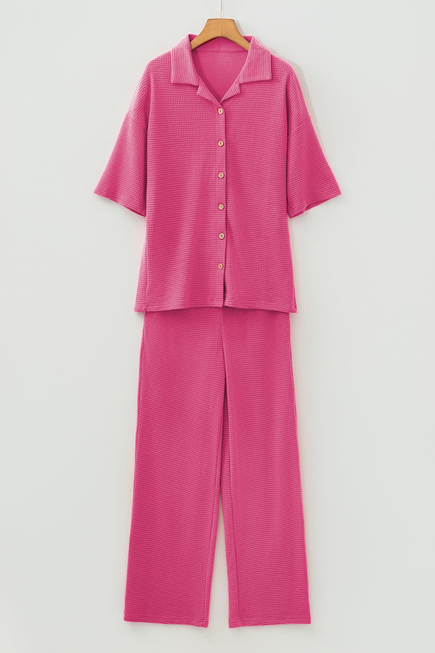 Rose Red Solid Color Textured Buttoned Shirt and Casual Pants Set