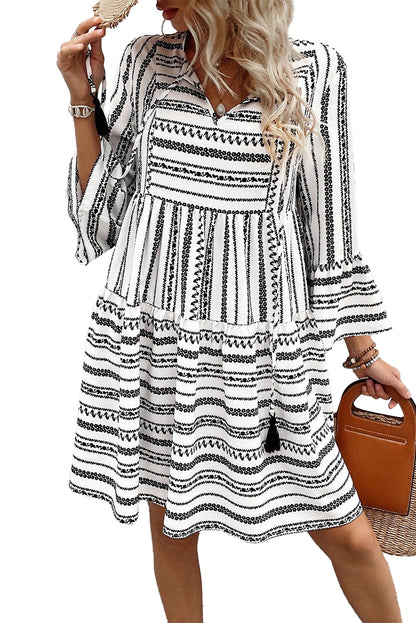 Black Stripe V Neck Bell Sleeve High Waist Mini Dress