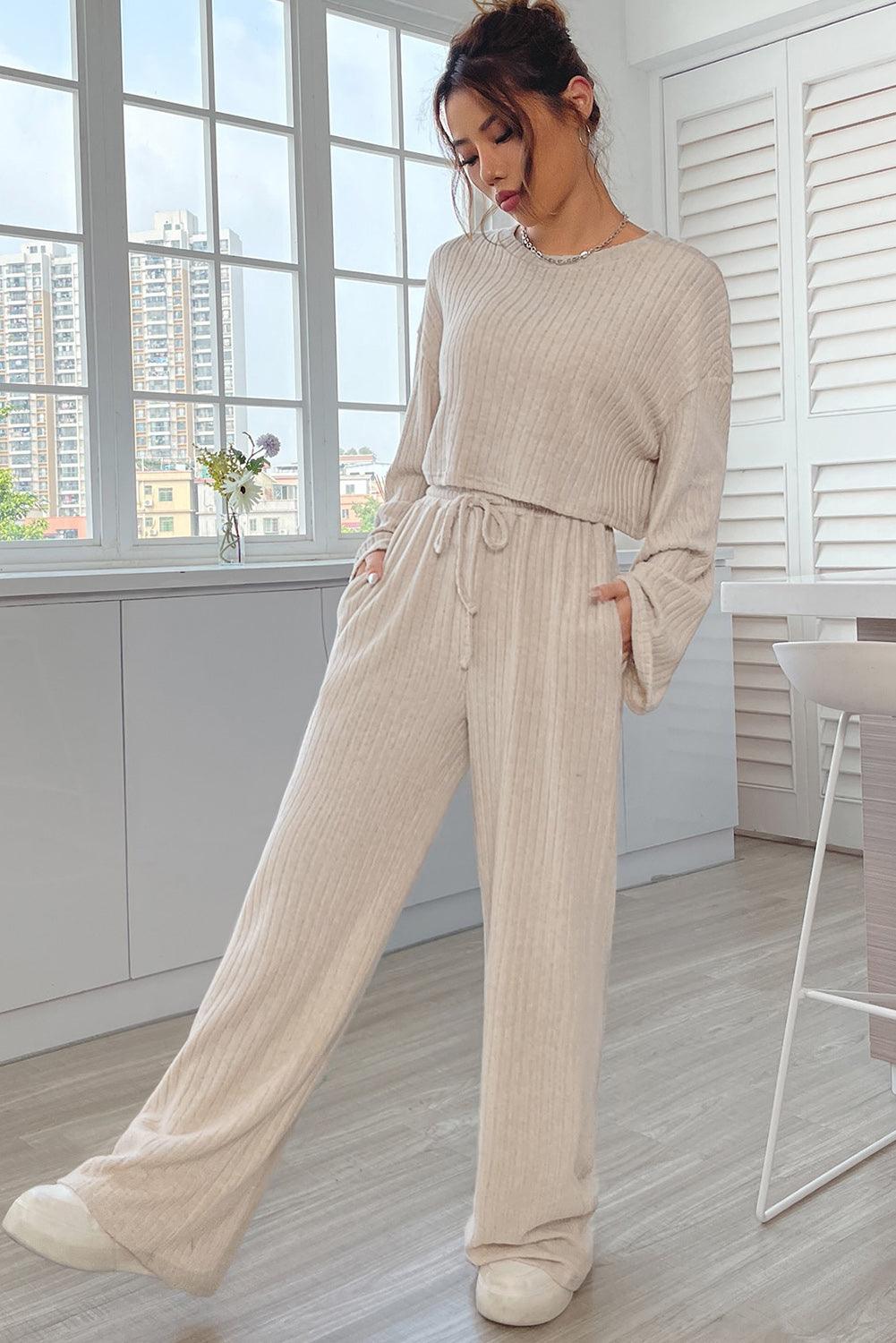 Khaki Ribbed Knit Bell Sleeve Crop Top Drawstring Pants Set - L & M Kee, LLC